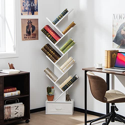 COSTWAY Tree Bookshelf, 10-Tiers Floor Standing Wooden Bookcase Storage Shelving Unit, Narrow Magazine Book Display Rack for Living Room, Bedroom and Office (White, with Drawer) - Image 3