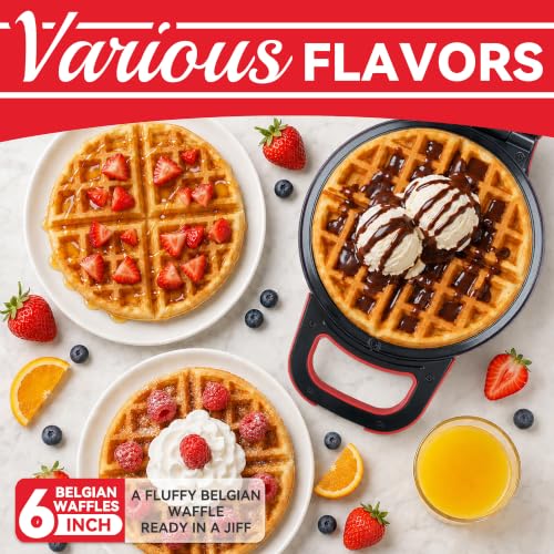 Image of SugarWhisk 6-Inch Flip Belgian Waffle Maker, Ceramic Nonstick,Red | 180 Flip Waffle Iron, 750W Heat, PFAS-Free Ceramic Plates, Cool-Touch Handle, Safety Lock, Batter Groove & Upright Storage