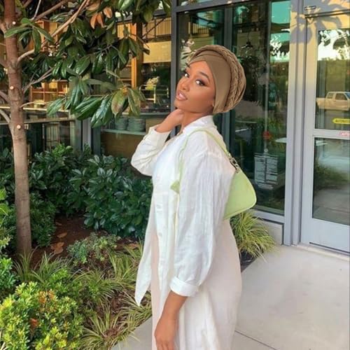Image of DRESHOW African Women Turban Caps Beanie Twist Headscarf Pre-Tied Double Twisted Braid Hair Cover Wrap Hat Chemo Cancer Cap
