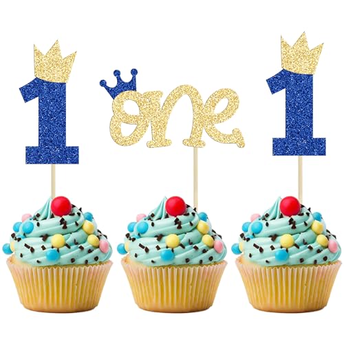 Ephlyn 24Pcs 1st Birthday Cupcake Toppers Glitter Crown One Cake Topper Decorations First Birthday Cake Decorations for Baby Shower 1st Birthday Party Supplies Blue Gold