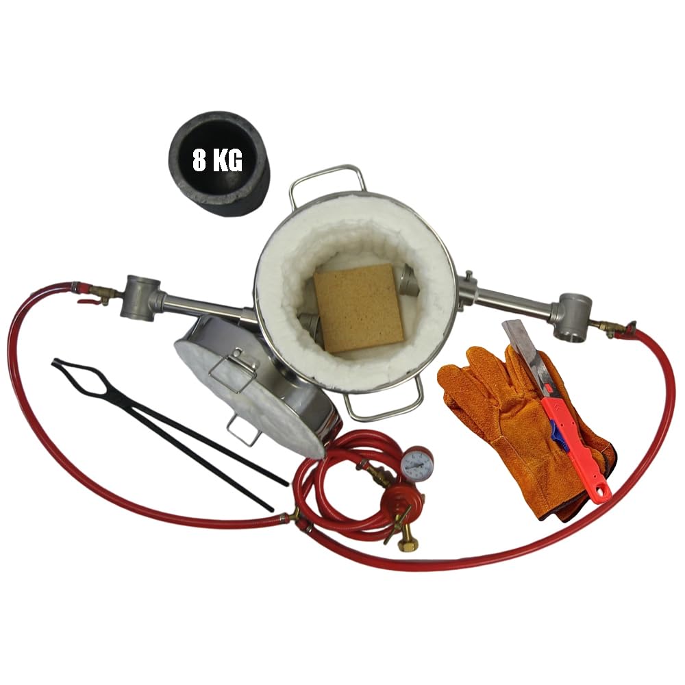 Kit de four à gaz propane 8 kg - Double brûleur - Avec creuset graphite de 8 kg - Pince et gants - Four pour métal fondu cuivre, laiton et aluminium