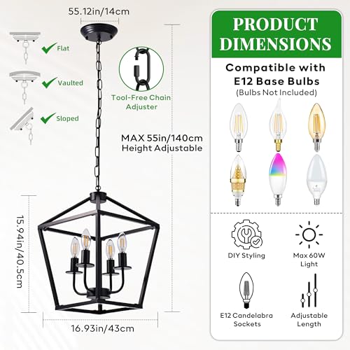 Image of Farmhouse Lantern Chandelier 4-Light, Industrial Black Ceiling Light Fixture with Rustic Open Cage and Adjustable Hanging Height, E12 Base for Kitchen Island, Dining Room, Entryway, Foyer