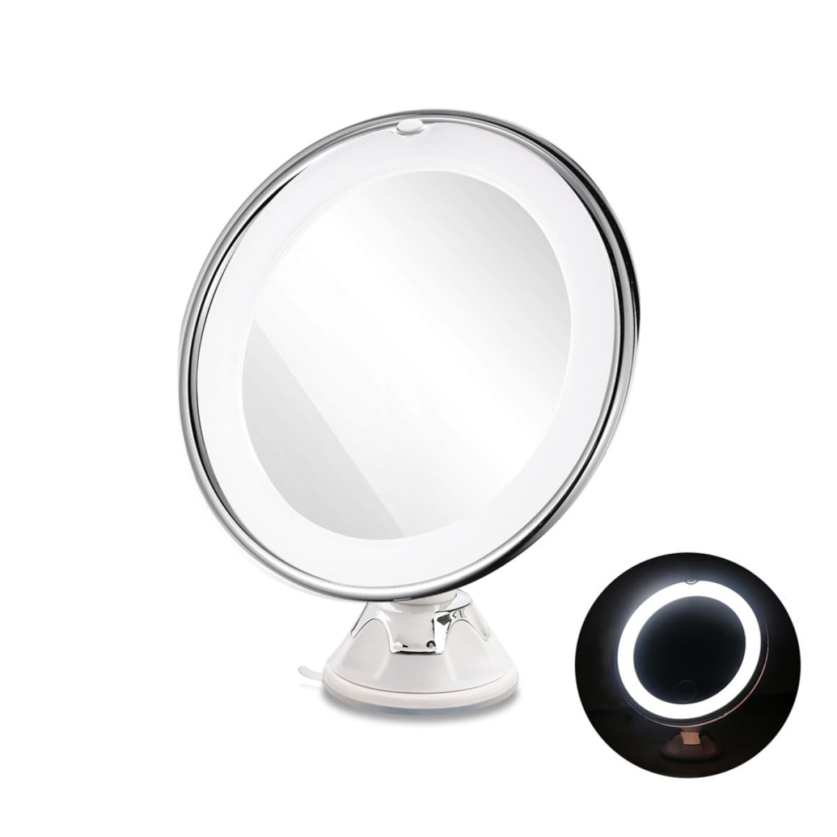 Ipetboom Kosmetikspiegel LED mit 10-facher Vergrößerung Runder Make Up Spiegel aus Glas in Weiß mit Saugnapf für Bad und Reise Beleuchteter Tragbarer Schminkspiegel für Damen und Herren