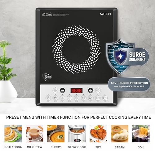 Image of Milton Euroline Elio 16.0 Portable 1600 W Induction Cooktop | LED Display Panel, 5KV Surge Protection | Timer & Preset Menu Functions | Soft Touch Buttons | Fast Cooking | 3-Year Warranty on Coil