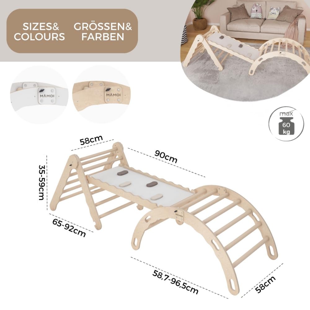 MAMOI® Set Klettergerüst Indoor – Kletterdreieck mit Rutsche aus Holz, Kletterbogen, Rutschbrett, Holzbogen für den Innenbereich