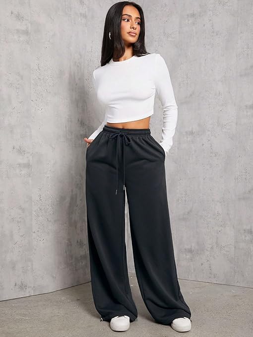 Image of Women's Wide Leg Sweatpants High Waisted Lounge Pants with Drawstring Pockets - Casual Loose Fit Athletic Joggers