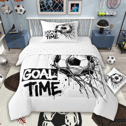 Image of Feelyou Soccer Comforter Set All Season Football Sports Bedding Set with 1 Pillow Cases Soccer Ball Game Microfiber Kids Toddler Bedclothes Bedroom Decor Duvet Quilt Breathable Soft Lightweight