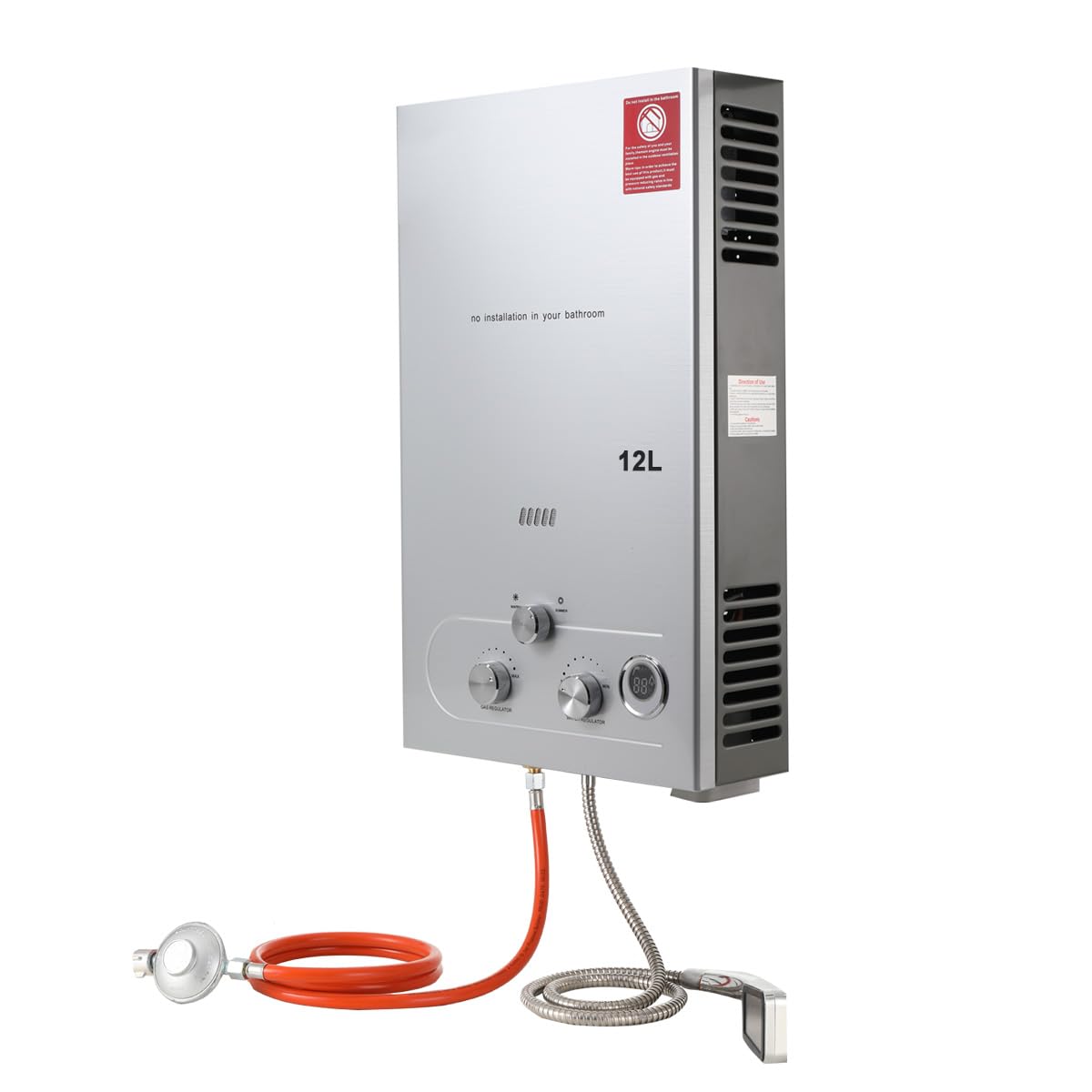 24KW 12L LPG Gas Durchlauferhitzer mit Gasdruckregler, Propangas Campingdusche für Dusche im Außenbereich Dusche Bad Warmwasser Camping Dusche Warmwasserbereiter mit CE-Zertifizierun, Silber
