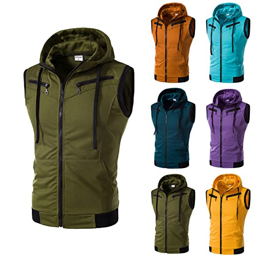 Sudadera con capucha sin mangas para hombre, ligera, sin mangas, con cremallera, chaleco deportivo transpirable con bolsillos, chaleco casual de color sólido, elegante atuendo diario, azul oscuro, L