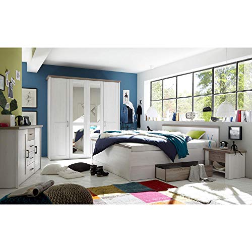 LUCA Stilvolle Bettanlage 180 x 200 cm mit 2x Nachtkommoden & 2x Bettkästen - Schlafzimmer Komplett-Set in Pinie Weiß / Trüffel - 186 x 91 x 205 cm (B/H/T) – Bild 5