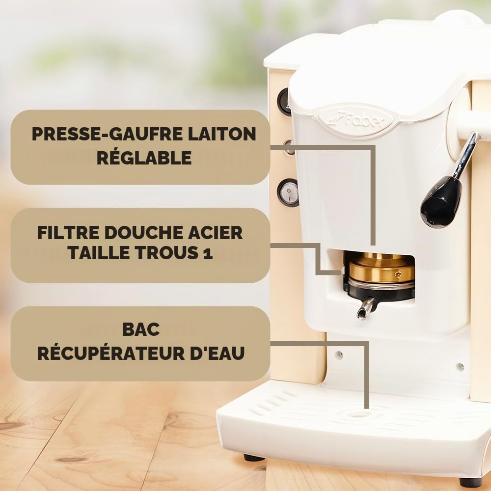 FABER COFFEE MACHINES | Modèle de fente Plast | Machine à café à dosettes ese 44mm | Couleur ivoire plastique Blanc | Pressacialda en laiton