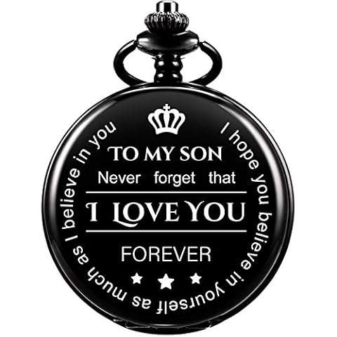 Pocket Watch - Never Forget That, I Love You, Forever-from a Dad/Mom to a Son Gift Quartz Pocket Watch Black Clip Chains Birthday Anniversary Cover
