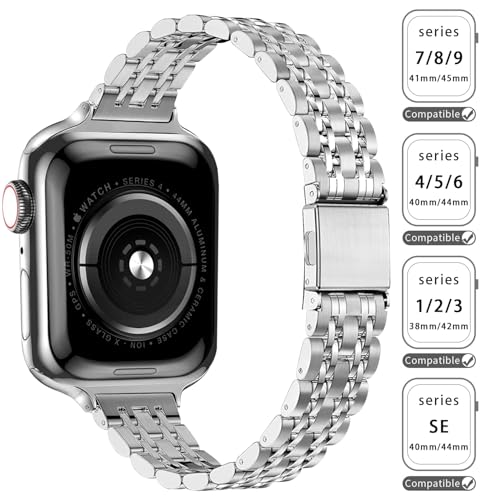 Image of QUNDAXI Slim Watch Band Compatible with Apple Watch 41mm 45mm 42mm 44mm 40mm 38mm Metal Stainless Steel Watchband Suitable for iWatch 11 /10 /9 /8 /7 /6 /5 /4 /3 /2 /1 /SE Series Women Luxury Strap