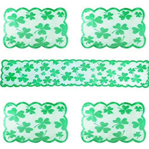 5 Pieces St. Patrick's Day Decorations Sets St. Patrick's Day Green Lace Table Runner 13 x 72 Inch Shamrock Table Runner and Place Mats 8 x 12 Inch for Holiday, St. Patrick's Day
