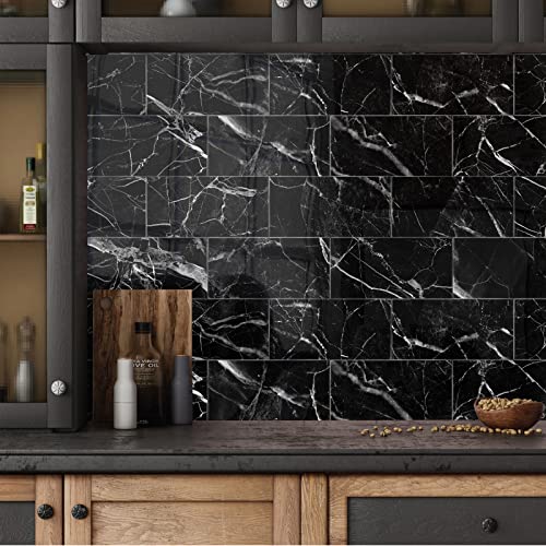 Cecekis Peel And Stick Backsplash Tile, 32 Pc Pack (8" X 4") Thicker Glass Subway Tiles Waterproof Oil Proof Removable Decals For Bathroom & Kitchen Backsplash (Black Marble) #TOP21
