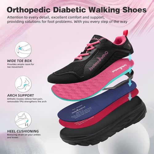 Women's Orthopedic Diabetic Walking Shoes: Wide Toe Box Comfortable Casual Arch Support Plantar Fasciitis Orthotic Sneakers, High Arch Swollen Work Tennis Sports Shoes for Foot and Heel Pain Relief2