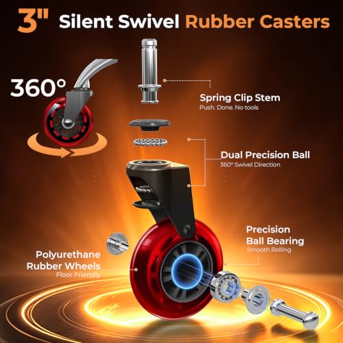 Image of Office Chair Wheels for Casters Replacement - 3 inch Rubber Wheels for Computer Gaming Desk Caster Smooth & Safe Rolling for All Floors Including Hardwood and Carpet - Set of 5 - Red