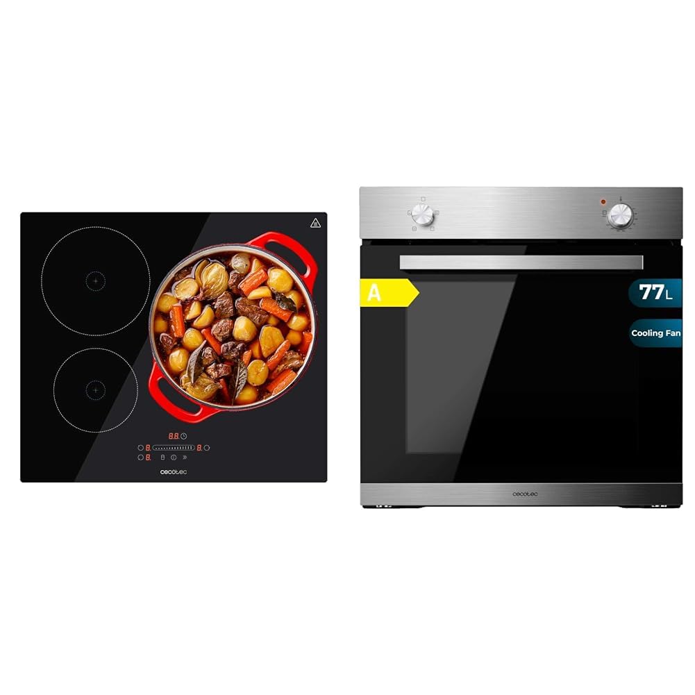 Cecotec Placa de Inducción 3 Fuegos Bolero Squad I 3001. Potencia Máxima 7400W en 9 Niveles & Horno Integrable Bolero Hexa C126000 Line+ A 2800 W, Capacidad de 77 Litros, 4 Funciones