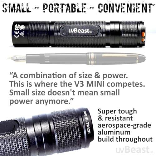 uvBeast New V3 365nm MINI - Black Light UV Flashlight – High Definition Pure Ultraviolet - Professional Grade High Power Upgraded 5 Core UV LED – USA Stock