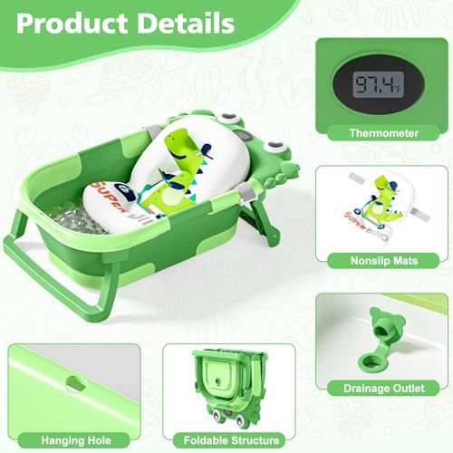 Image of Collapsible Baby Bathtub for Newborns with Thermometer and Soft Floating Cushion Portable and Foldable Travel Baby Bath Tub for Infants to Toddler 0-36 Month(Dark Green)