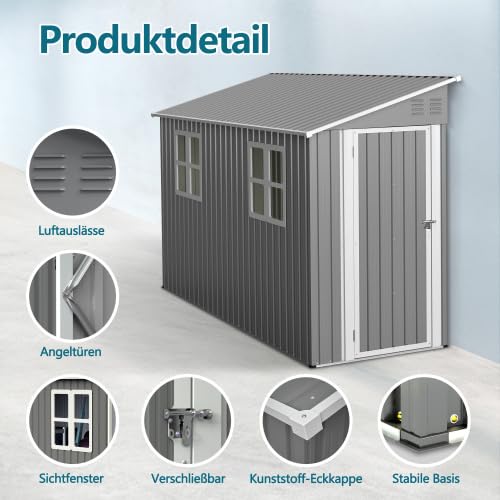 Metall Gerätehaus 1,2 x 3 m (ca. 4x10 Fuß) – Anlehn-Geräteschuppen mit Boden-Kit, abschließbarer Tür & 2 Fenstern – wetterfest für Fahrräder & Aufbewahrung