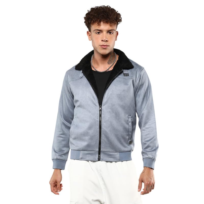 Image of Campus Sutra Men's Grey Zip-Front Jacket With Fleece Detail For Casual Wear | High Neck | Long Sleeve | Zipper Closure | Suede Jacket Crafted With Comfort Fit For Everyday Wear