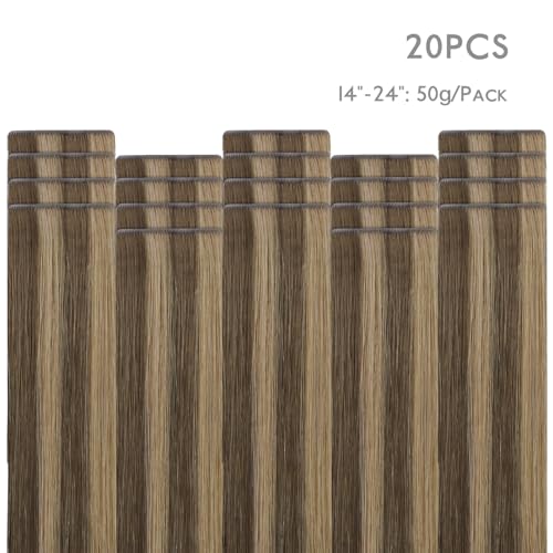 Image of WENNALIFE Invisi Edge Tape in Hair Extensions Human Hair,#4 /27,18 Inch | 18 Inch 50g 20pcs Balayage Chocolate Brown to Caramel Blonde Invisi Remy Hair tensions Seamless Injected Tape Ins Straight