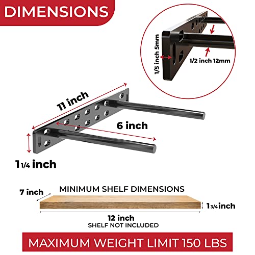 Set Of 2 Floating Shelf Brackets 11 Inch Multiple Mounting Location Baseplate/Heavy Duty Black Painted Mild Steel Bracket Hidden Wall Shelves Support Hardware Mount Kitchen/Nursery Decor (6 Inch Rods) #TOP1