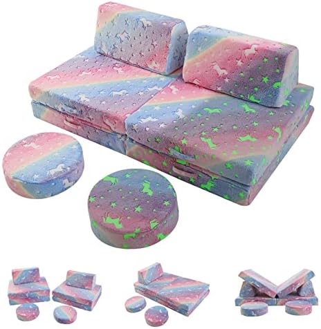 MeMoreCool Kids Couch Sofa Modular Toddler Couch for Bedroom Playroom, 8-Piece Fold Out Couch Play Set, Creative Baby Couch Children Convertible Sofa Kids Foam Couch, Glow in The Dark Unicorn