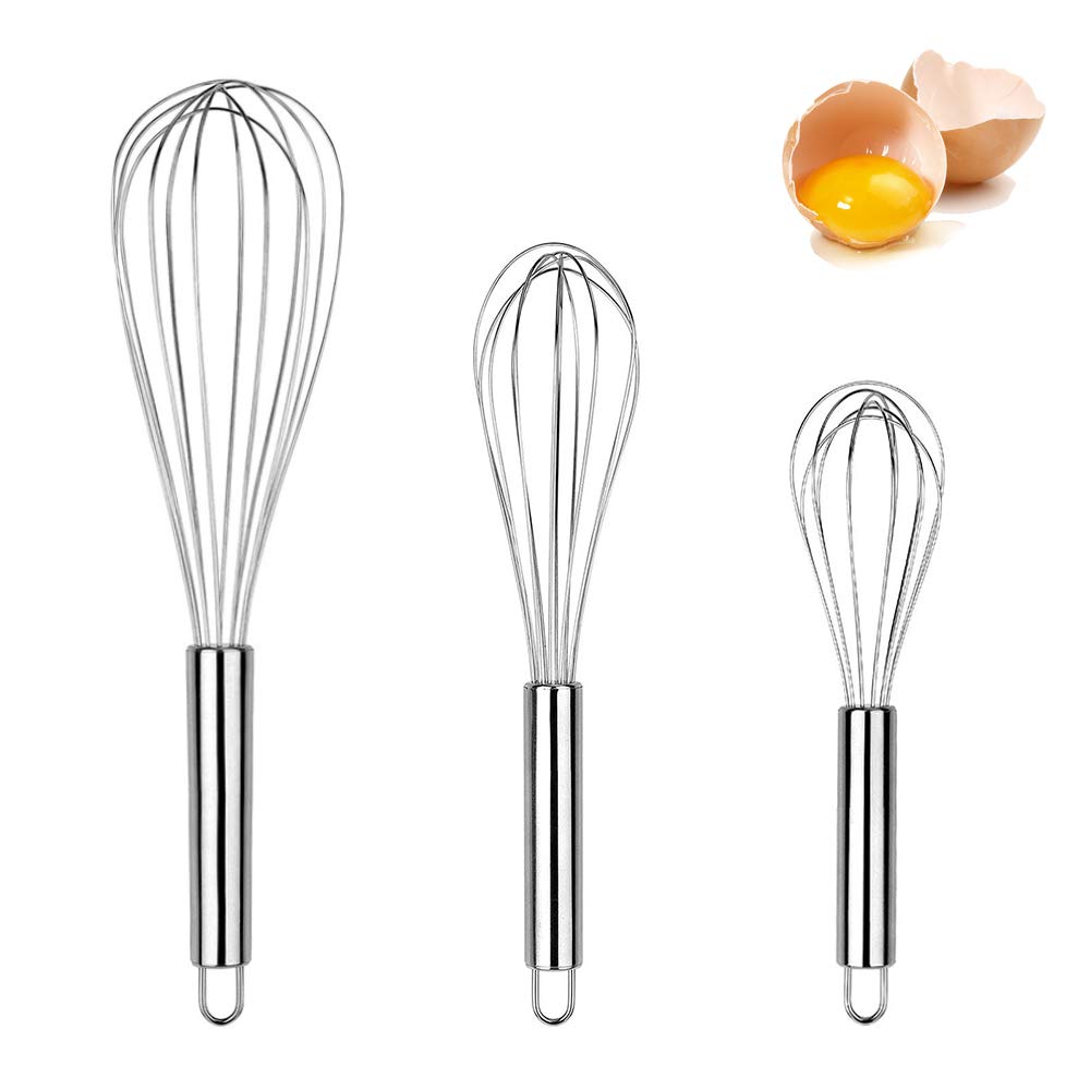 3 Pcs Stainless Steel Whisks,(8 inch,10 inch,12 inch) Balloon Wire Whisk,Handheld Kitchen Wire Whisk Set for Cooking,Bakin...