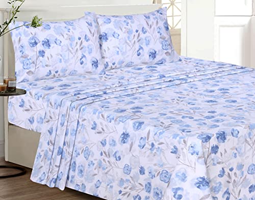 RUVANTI 100% Cotton King Size Sheets Set, 4 Pieces, Soft & Breathable Percale Weave Bedding, Deep Pocket 16", Hotel Standard, Crisp Cool Feel, Durable, Perfect Floral Bed Sheet, Monotones
