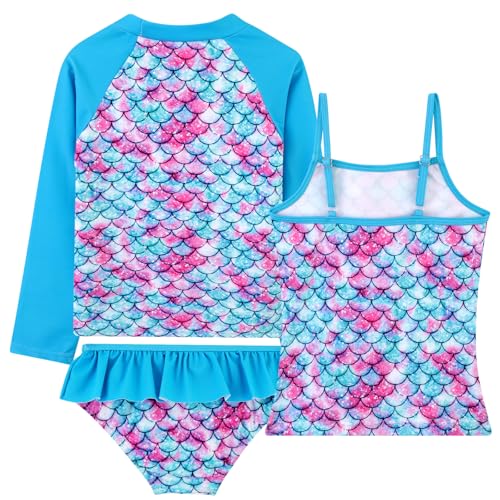 Image of DAXIANG Girls Rash Guard Swimsuit Long Sleeve Swim Shirt 3 Piece Tankini Bathing Suit with Bottom for Kid Toddler 3-12 Years