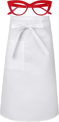 SATINIOR Delantal blanco de medio bistró con lentes de sol para disfraz, delantal de cintura de chef blanco con gafas rojas, marco de lentes de ojo