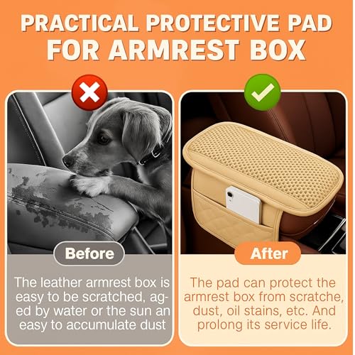 Image of DETACHI Car Center Console Armrest Cover Pad, PU Leather Mesh Armrest Cushion,Universal Fit for SUV /Truck /Car, Console Box Cover With 2 Mobile Pockets, Breathable Mesh Fabric Mat-(Beige, 31X18X2CM)