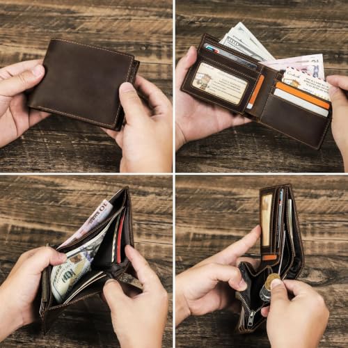 Image of Contacts Genuine Leather Wallet for Men | RFID Blocking Bifold Wallet | Coin Pocket, ID Window & Multiple Card Slots | Slim Everyday Wallet | Hunter Brown