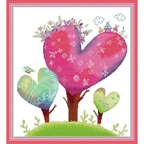 Maydear Cross Stitch Kits Stamped Full Range of Embroidery Starter Kits for Beginners DIY 14CT 2 Strands-Heart Tree Cover