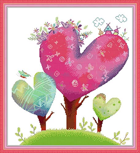 Maydear Kits de punto de cruz estampados 14CT Kit de inicio de bordado de punto de cruz preimpreso para adultos principiantes - Heart Tree 43 × 47 cm