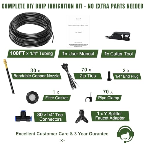 Image of 100FT Drip Irrigation System Kit Dual-Zone Garden Atomizing Watering System with 30 Copper 360 Adjustable Bendable Nozzles,Y-Splitter, Leak-Proof 1 /4 inch Misting System for Garden Greenhouse Raised Beds