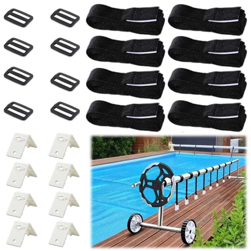 Poweka Befestigungsset für Solar-Abdeckrolle, Zubehör für Pools, 8 Nylon-Klebestreifen und Klettverschluss 8 Befestigungsplatten 8 Schnallen