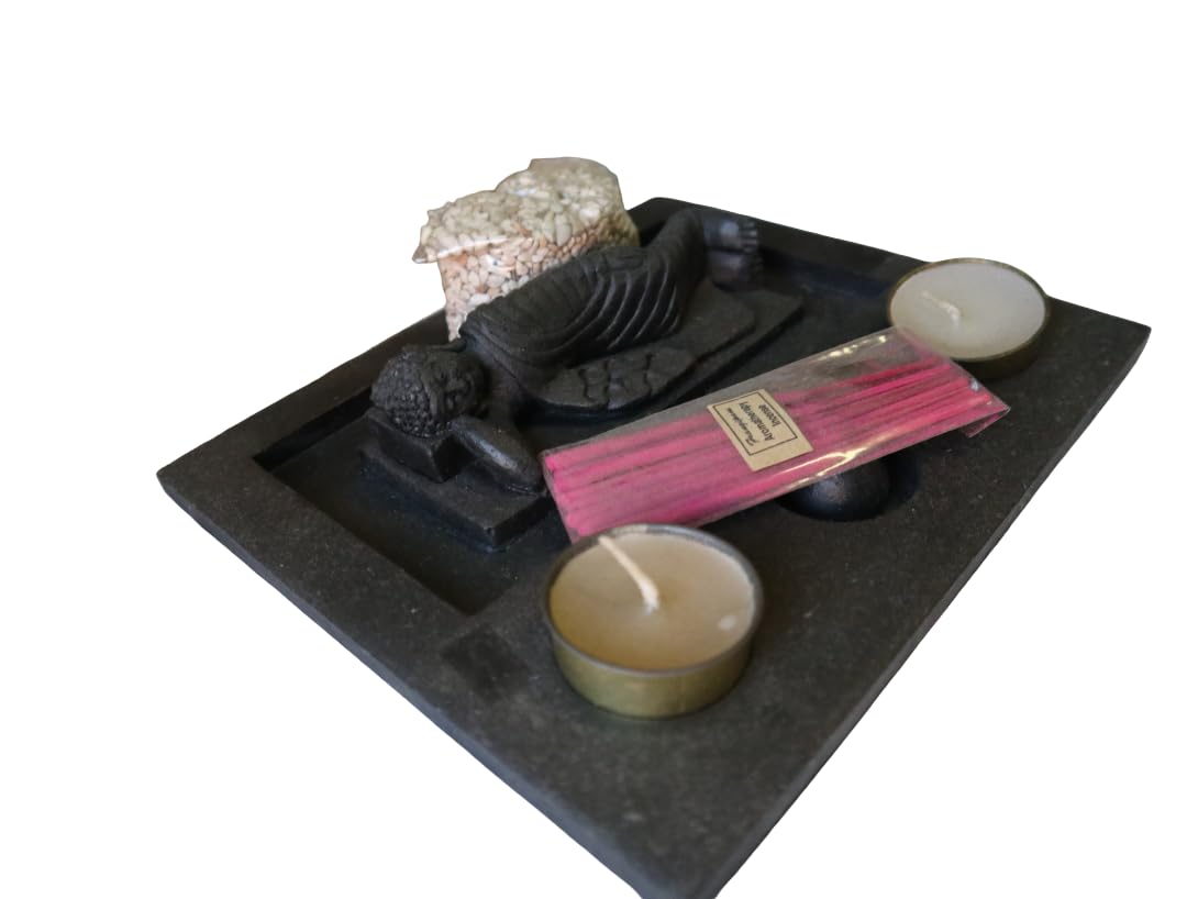 Jardín zen con Buda tumbado de piedra – Base artesanal 22 x 16 cm – Arena negra, velas e incienso