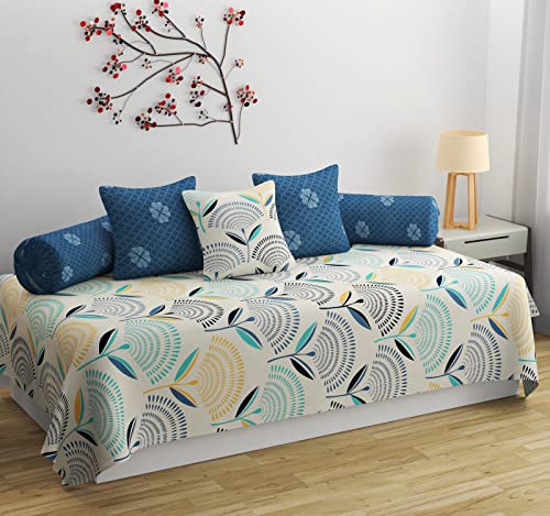 Image of Pure Soft Cotton Floral Diwan Set Covers 6 Pieces - 1 Single Bed Sheet (60 X 90) with 3 Cushion (16 X 16), 2 Bolster Covers (16 X 32) (Cream Navy)