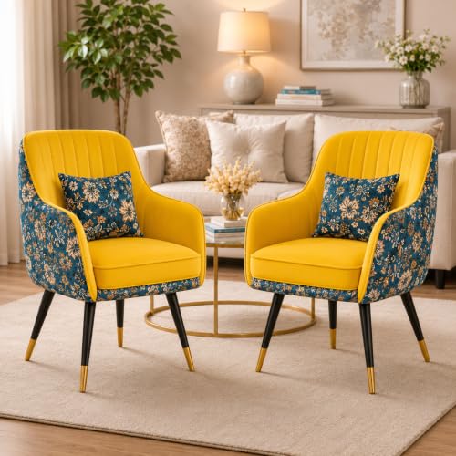 Image of Velvet Chair with Pillow for Home | Modern Accent Armchair in Soft Velvet Fabric with Golden Legs | Premium Accent Chair for Living Room Bedroom Restaurent | (Yellow, Standard Floral)