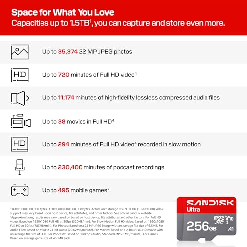 Image of SANDISK 256GB Ultra microSD UHS-I Card - Up to 195MB /s Read Speed, Full HD Video, V10, U1, C10, A4 - SDSQUJQ-256G-GZ6MA