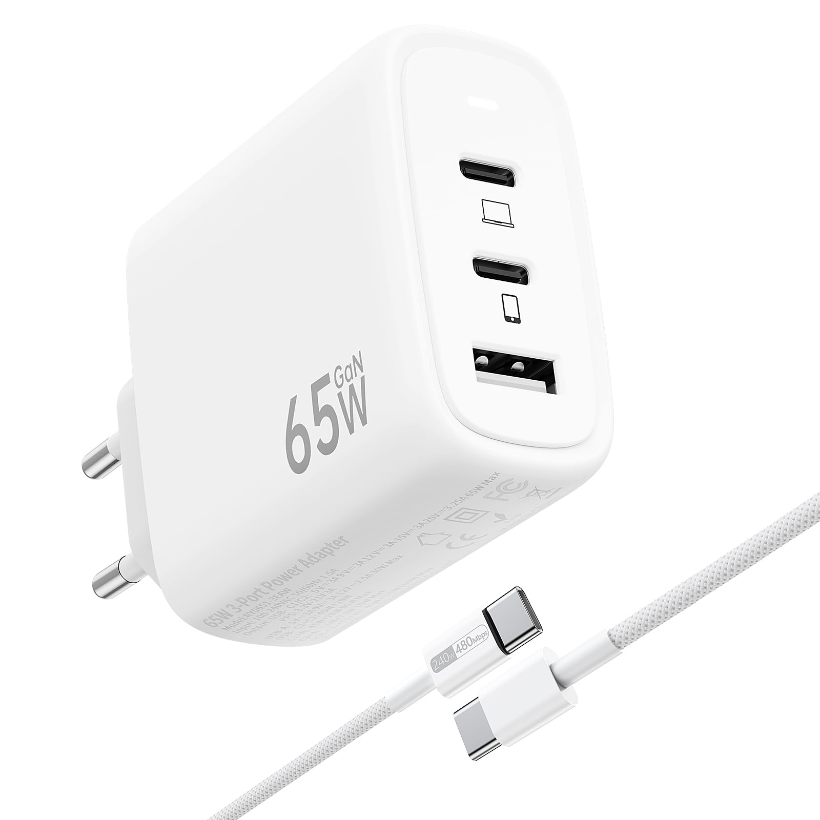 Caricatore USB-C Rapido 65W 3-Porte GaN III, PD3.0 Caricabatterie Veloce con 1.8M 240W Cavo, Caricatore per MacBook Pro/Air, Samsung S24/ S23, iPhone 16/15, iPad Pro/Air, Dell XPS, Pixel 8/9
