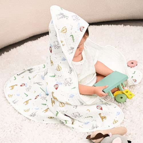 Image of david's kids 2 Pack Hooded Baby Towels, Large 32 inchx32 inch, 6 Layer 100% Muslin Cotton Highly Absorbent Boy Girl Bath Towel for Newborn, Infant, Toddler, Ultra Soft and Breathable Baby Essentials, Animals