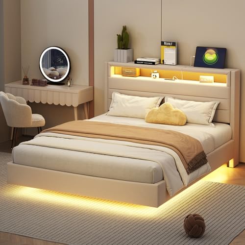 Polsterbett 140x200 cm mit LED-Beleuchtung und Aufladen USB, Doppelbett mit Stauraum Kopfteil und Lattenrost, Jugendbett Stauraumbett Bettgestell, Leinen, ohne Matratze (Beige 1, 140x200 cm) Polsterbett 140x200 cm mit LED-Beleuchtung und Aufladen USB, Doppelbett mit Stauraum Kopfteil und Lattenrost, Jugendbett Stauraumbett Bettgestell, Leinen, ohne Matratze (Beige 1, 140x200 cm)