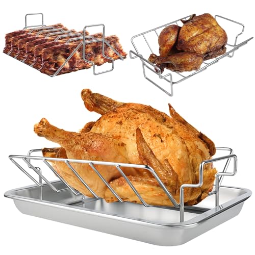 KEESHA Turkey Roasting Rack, 304 Stainless Steel V Rack for Roasting Turkey and Rib 13''x11'' Multi-use BBQ Rib Rack for Big Green Egg and Kamado Joe, with 16'' x12'' 304 Stainless Steel Roasting Pan