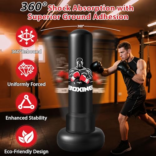 Qoosea Saco de Boxeo Adulto, 180cm Bolsa de Boxeo Inflable de Pie con Guantes, Mujeres Hombres Stand Kickboxing Bolsas, Punching Ball Estable para Karate MMA Taekwondo Thai Fitness - imagen 3