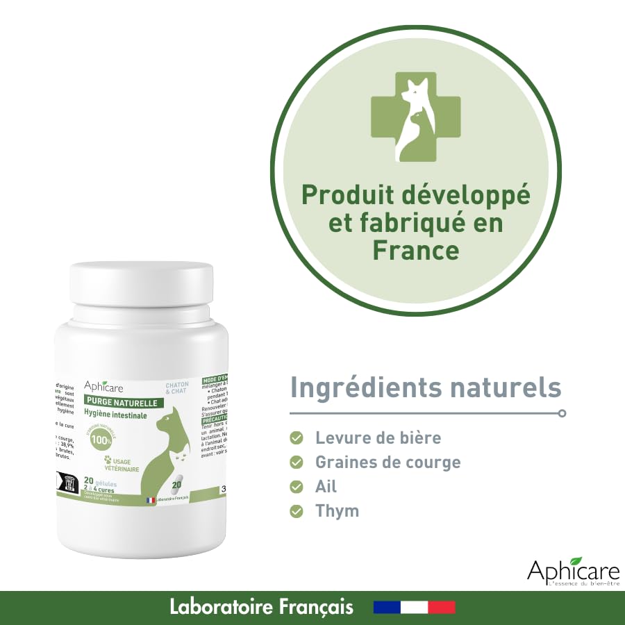Hygiène intestinale - Confort intestinal - 20 gélules - levure de bière - 3 extrait végétaux - Complément Alimentaire - Chat et Chaton - Fabriqué en France