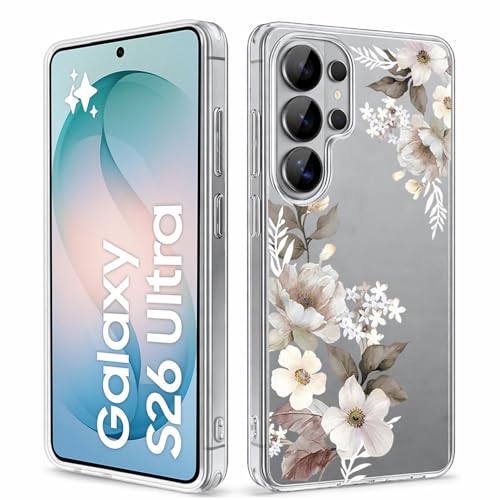 Image of Elzzi Clear Transparent Flower Cover for Samsung S26 Ultra 5g Case Shockproof Floral Design Camera Protection Shockproof PC+TPU Transparent Flower Cover for Girls & Women (Grey)